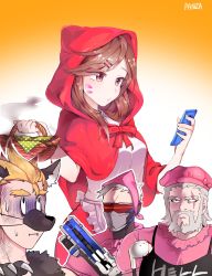Rule 34 | 1girl, 3boys, animal ears, apron, artist name, assault rifle, bad id, bad twitter id, basket, battle rifle, blonde hair, breasts, brown eyes, brown hair, capelet, cellphone, chestnut mouth, clothes writing, cosplay, covered mouth, cowboy shot, d.va (overwatch), dress, energy gun, eyebrows, facepaint, facial hair, facial mark, fake animal ears, gradient background, gun, hair ornament, hairclip, hands up, hat, highres, holding, holding gun, holding phone, holding weapon, hood, junkrat (overwatch), ladle, little red riding hood, little red riding hood (grimm), little red riding hood (grimm) (cosplay), mask, multiple boys, overwatch, overwatch 1, panza, phone, red ribbon, red skirt, reinhardt (overwatch), ribbon, rifle, scar, scar across eye, scar on face, short hair, skirt, skirt set, smartphone, soldier: 76 (overwatch), sweatdrop, swept bangs, upper body, visor, weapon, whisker markings, white hair, wolf ears