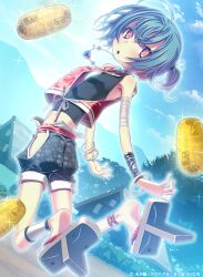 Rule 34 | &gt;:o, 1girl, :o, bandages, blue hair, coin, copyright notice, dutch angle, flat chest, geta, gold, jewelry, jumping, koban (gold), looking at viewer, looking back, necklace, open mouth, original, red eyes, sakuya tsuitachi, short hair, shorts, solo, sparkle, tenka touitsu chronicle, v-shaped eyebrows