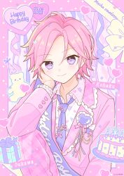 Rule 34 | 1boy, 2023, cake, character name, dated, ensemble stars!, food, happy birthday, head rest, heart, highres, jacket, long sleeves, looking at viewer, male focus, manamoko (fancy surprise!), necktie, oukawa kohaku, pastel colors, pink background, pink hair, pink jacket, pink shirt, purple eyes, purple necktie, purple sash, ribbon, sash, shirt, short hair, solo, stuffed animal, stuffed toy, teddy bear, yellow ribbon