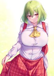 Rule 34 | 1girl, ascot, breasts, collared shirt, commentary, green background, green hair, hair between eyes, highres, kazami yuuka, large breasts, long sleeves, looking to the side, mirufui, open mouth, plaid, plaid skirt, plaid vest, red eyes, red skirt, red vest, shirt, short hair, skirt, skirt hold, solo, touhou, upper body, vest, white shirt, yellow ascot