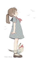 Rule 34 | 1girl, bird, blush, brown footwear, brown hair, child, closed mouth, collar, commentary, commentary request, commission, dress, english commentary, closed eyes, fairyapple, full body, highres, long hair, original, ponytail, red collar, shoes, short sleeves, simple background, solo, white background