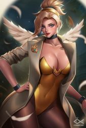 Rule 34 | 1girl, alternate costume, animal ears, blonde hair, blue eyes, breasts, choker, citemer, cleavage, coat, feathered wings, high ponytail, large breasts, leotard, long hair, looking at viewer, mercy (overwatch), nail polish, overwatch, overwatch 1, pantyhose, playboy bunny, solo, wings, wrist cuffs