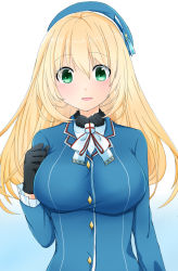Rule 34 | 10s, 1girl, atago (kancolle), beret, black gloves, blonde hair, blush, breasts, gloves, green eyes, hand up, hat, highres, kantai collection, large breasts, long hair, looking at viewer, military, military uniform, open mouth, smile, solo, uniform, upper body, yukina (masyumaro610)