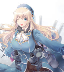Rule 34 | 10s, 1girl, :p, atago (kancolle), bad id, bad pixiv id, beret, black gloves, black pantyhose, blonde hair, blue eyes, blush, breasts, cannon, gloves, hat, jacket, kantai collection, large breasts, long hair, military, military jacket, military uniform, one eye closed, open mouth, pantyhose, personification, skirt, smile, solo, tarou (mozukusanwakamesan), tongue, tongue out, turret, uniform, wink