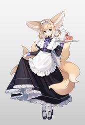 Rule 34 | 1girl, absurdres, alternate costume, animal ears, apron, arknights, black dress, black footwear, blonde hair, blush, braid, cake, cake slice, cherry, clothes lift, cup, dress, dress lift, enmaided, food, fox ears, fox girl, fox tail, frilled dress, frills, fruit, full body, green eyes, highres, holding, holding tray, kitsune, komi (komiking), kyuubi, lifted by self, long hair, looking at viewer, maid, maid apron, multicolored hair, multiple tails, neck ribbon, pantyhose, purple ribbon, ribbon, shoes, simple background, smile, solo, standing, strawberry, strawberry shortcake, streaked hair, suzuran (arknights), tail, teacup, tray, white apron, white background, white hair, white pantyhose