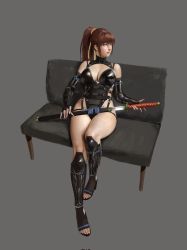 Rule 34 | 1girl, bangku an, breasts, cleavage, dead or alive, fingernails, highres, kasumi (doa), katana, large breasts, leather, long fingernails, ponytail, sitting, sleeveless, sword, weapon