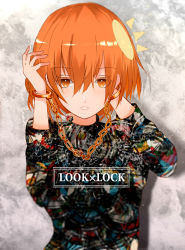 Rule 34 | 1girl, arm up, blurry, blurry background, brown eyes, chain, commentary, cuffs, depth of field, english commentary, english text, hair between eyes, hand up, highres, long sleeves, looking at viewer, multicolored shirt, orange hair, original, parted lips, shirt, solo, tarbo (exxxpiation), upper body