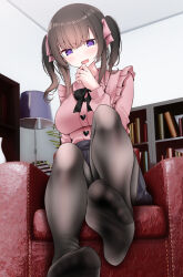 Rule 34 | 1girl, black bow, black bowtie, black pantyhose, blue skirt, blush, bookshelf, bow, bowtie, breasts, brown hair, convenient leg, couch, feet, fine fabric emphasis, foreshortening, frilled shirt, frills, hair ribbon, hand up, highres, impossible clothes, impossible shirt, indoors, knee up, lamp, large breasts, long sleeves, no shoes, oouso, original, pantyhose, pink ribbon, pleated skirt, purple eyes, ribbon, shelf, shirt, sidelocks, sitting, skirt, soles, solo, toes, twintails