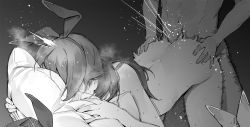 Rule 34 | 1boy, 1girl, amber (genshin impact), ass grab, doggystyle, genshin impact, greyscale, hairband, hetero, highres, kotoribako, long hair, monochrome, nude, pillow, pillow grab, sex, sex from behind, simple background, solo focus, trembling