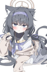 Rule 34 | 1girl, absurdres, animal ear fluff, animal ears, bags under eyes, black hair, blue archive, blush, cardigan, cat ears, closed mouth, grey cardigan, hair between eyes, hairband, halo, highres, jewelry, long hair, long sleeves, looking at viewer, natsukari na, neckerchief, open cardigan, open clothes, pendant, pleated skirt, purple eyes, purple hairband, purple neckerchief, sailor collar, simple background, skirt, solo, ui (blue archive), white background, white sailor collar, white skirt