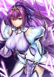 Rule 34 | 1girl, bare shoulders, breasts, caster (lostbelt), cleavage, commentary request, cowboy shot, dress, elbow gloves, fate/grand order, fate (series), fur trim, gloves, hair between eyes, large breasts, leaning forward, long hair, looking at viewer, okitakung, parted lips, ponytail, purple dress, purple gloves, purple hair, red eyes, scathach (fate), scathach skadi (fate), scathach skadi (third ascension) (fate), solo, thighhighs, tiara, very long hair