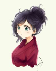 Rule 34 | 1girl, closed mouth, copyright request, green eyes, grey background, hair bun, highres, japanese clothes, kimono, looking down, pas (paxiti), purple hair, red kimono, simple background, single hair bun, solo, upper body