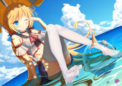 Rule 34 | 1girl, absurdly long hair, accident, andrea doria (warship girls r), arm support, ball, bare shoulders, beachball, belt, blonde hair, blue eyes, blue skirt, blush, choker, cloud, crop top, day, dutch angle, feet, food, hair ribbon, ice cream, italian flag, long hair, low twintails, muq, ocean, one eye closed, partially submerged, pleated skirt, ribbon, rubbing eyes, sitting, skirt, sky, solo, thighhighs, twintails, umbrella, very long hair, warship girls r, water, wet, wet clothes, white thighhighs