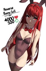 Rule 34 | 1girl, absurdres, animal ears, breasts, covered navel, detached collar, english text, fake animal ears, highres, leotard, like and retweet, long hair, looking at viewer, medium breasts, meme, persona, persona 5, persona 5 the royal, petite, playboy bunny, rabbit ears, red eyes, red hair, skinny, smile, solo, strapless, strapless leotard, thighhighs, twitter strip game (meme), wrist cuffs, x xith x, yoshizawa kasumi, yoshizawa sumire