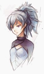 Rule 34 | 1girl, breasts, cleavage cutout, clothing cutout, darker than black, flat chest, hair ribbon, ponytail, purple eyes, ribbon, silver hair, small breasts, softmode, solo, upper body, yin (darker than black)