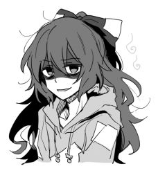 Rule 34 | 1girl, bow, commentary request, debt, eyes visible through hair, greyscale, hair between eyes, hood, hoodie, long hair, looking at viewer, monochrome, open mouth, re ghotion, shaded face, short sleeves, simple background, smile, solo, touhou, upper body, white background, yorigami shion