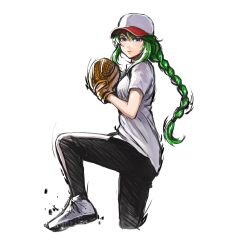 Rule 34 | 1girl, ass, baseball, baseball cap, baseball glove, black pants, blue eyes, braid, breasts, collared shirt, copyright request, green hair, hair between eyes, hat, highres, jchoy, jikkyou powerful pro yakyuu, long hair, pants, shirt, shoes, short sleeves, simple background, single braid, sketch, small breasts, solo, standing, standing on one leg, v-shaped eyebrows, very long hair, white background, white footwear, white hat, white shirt