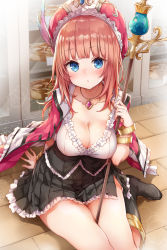Rule 34 | 1girl, :o, alt (ctrldel), arm at side, atelier (series), atelier rorona, between legs, black footwear, black skirt, blue eyes, blunt bangs, blush, boots, bracelet, breasts, cleavage, collarbone, commentary request, frilled shirt, frilled skirt, frills, hat feather, hat ornament, highres, holding, holding staff, jacket, jacket on shoulders, jewelry, knee boots, large breasts, long hair, looking at viewer, miniskirt, necklace, on floor, parted lips, partial commentary, pink jacket, red hair, red headwear, rororina fryxell, shelf, shirt, side slit, sitting, skirt, solo, staff, thighs, white shirt, wooden floor