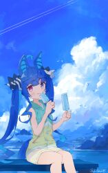 Rule 34 | 1girl, absurdres, ahoge, animal ears, bench, bird, blue eyes, blue hair, blush, closed mouth, cloud, contrail, crossed bangs, eating, feet out of frame, food, heterochromia, highres, horizon, horse ears, horse girl, horse tail, kiromo, long hair, looking at viewer, outdoors, popsicle, purple eyes, shirt, shorts, sleeveless, sleeveless jacket, sleeveless shirt, solo, tail, twin turbo (umamusume), twintails, twitter username, umamusume, white shirt, yellow shorts