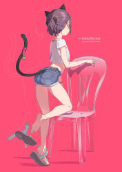 Rule 34 | 1girl, absurdres, animal ears, artist name, bell, black bow, black hair, blue shorts, bow, cat ears, cat girl, cat tail, chair, commentary, cropped shirt, denim, denim shorts, earrings, facing away, feet, from behind, full body, goshichi shoji, hair bow, hair ornament, hairclip, highres, jewelry, jingle bell, legs, original, pink background, sandals, shirt, short ponytail, short sleeves, shorts, sidelighting, simple background, single earring, soles, solo, symbol-only commentary, tail, tail raised, white shirt