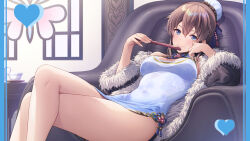 Rule 34 | 1girl, alternate hairstyle, armchair, bare legs, bare shoulders, black jacket, blue dress, blue eyes, blue ribbon, breasts, breasts apart, brown hair, bun cover, chair, china dress, chinese clothes, cleavage cutout, closed mouth, clothing cutout, commentary request, covered navel, crossed legs, cup, dress, easy chair, feet out of frame, fingernails, floral print, folded fan, folding fan, fur-trimmed jacket, fur-trimmed sleeves, fur trim, hair between eyes, hair bun, hair ornament, hair ribbon, hand fan, hand on own cheek, hand on own face, hands up, head rest, heart, highres, holding, holding fan, idolmaster, idolmaster million live!, indoors, jacket, long sleeves, looking at viewer, medium breasts, nanaran, on chair, open clothes, open jacket, pelvic curtain, pillarboxed, pink gemstone, print dress, ribbon, satake minako, saucer, short hair, sidelocks, single hair bun, sitting, sleeveless, sleeveless dress, smile, solo, table, tassel, tassel hair ornament, teacup, wide sleeves