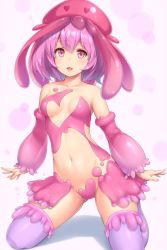 Rule 34 | 1girl, :d, arms at sides, bare shoulders, blush, breasts, collarbone, detached sleeves, groin, hat, heart, jellyfish, kneeling, long sleeves, looking at viewer, medium breasts, navel, open mouth, original, pink eyes, pink hair, purple thighhighs, revealing clothes, sasaame, short hair, smile, solo, stomach, thighhighs
