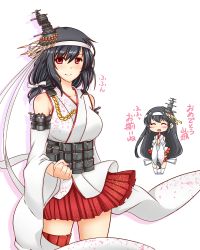 Rule 34 | 10s, 2girls, black hair, blush, breasts, clenched hand, cowboy shot, detached sleeves, fusou (kancolle), hairband, headgear, kantai collection, kuon (nokokopopo), large breasts, long hair, multiple girls, nontraditional miko, red eyes, short hair, skirt, smile, translated, yamashiro (kancolle)