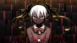 Rule 34 | 1girl, ahoge, bell, bikini, bow, bowtie, box, breasts, bright pupils, christmas, commentary request, dark-skinned female, dark skin, demon girl, demon horns, demon wings, detached collar, earrings, freckles, gift, gift box, highres, horn ornament, horn ribbon, horns, jewelry, looking at viewer, low wings, neck bell, original, pointy ears, pom pom (clothes), red bikini, red eyes, ribbon, ringed eyes, santa bikini, short hair, small breasts, smile, solo, swimsuit, upper body, wang-pac, white hair, white pupils, wings