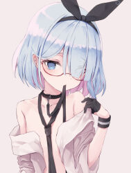 Rule 34 | 1girl, arona (blue archive), bare shoulders, black collar, blue archive, blue eyes, blue hair, blush, bow hairband, collar, commentary, flat chest, glasses, gloves, hair over one eye, hairband, leash, looking at viewer, mouth hold, multicolored hair, off shoulder, open clothes, open shirt, pink hair, short hair, skirt, solo, two-tone hair, upper body, usamiusamimii, white skirt
