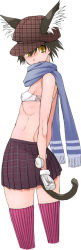 Rule 34 | 1girl, animal ears, back, bandeau, black hair, blue scarf, bra, cat ears, cat tail, flat chest, from behind, gloves, hat, lingerie, long image, looking back, miito shido, original, plaid, plaid headwear, plaid skirt, ribs, scarf, short hair, skirt, smile, solo, strapless, striped clothes, striped thighhighs, tail, tall image, thighhighs, tube top, underwear, yellow eyes, zettai ryouiki