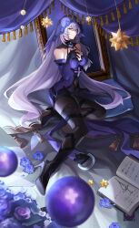 Rule 34 | 1girl, absurdres, bare shoulders, black footwear, black gloves, black shorts, black swan (honkai: star rail), blue flower, blue rose, book, boots, breasts, commentary request, covered navel, dress, elbow gloves, flower, gloves, grey hair, high heel boots, high heels, highres, honkai: star rail, honkai (series), large breasts, long hair, pantyhose, piuta, purple dress, rose, short shorts, shorts, sleeveless, sleeveless dress, solo, thighs, veil, very long hair