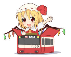 Rule 34 | 1girl, ascot, bad id, bad pixiv id, blonde hair, blush, box, buchi (shimauma kenkyuujo), chibi, dress, embodiment of scarlet devil, fang, female focus, flandre scarlet, hat, hat ribbon, in box, in container, open mouth, outstretched arm, playing, red dress, red eyes, ribbon, shirt, side ponytail, simple background, smile, solo, streetcar, touhou, train, verderayo, wings