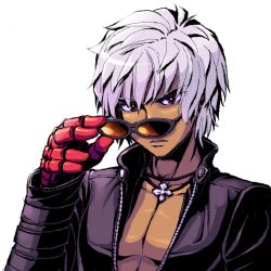 Rule 34 | 1boy, bad id, bad pixiv id, closed mouth, dark-skinned male, dark skin, expressionless, gauntlets, jewelry, k&#039; (kof), looking at viewer, male focus, necklace, removing eyewear, saitou teikoku, simple background, solo, sunglasses, the king of fighters, tsurime, white background, white hair