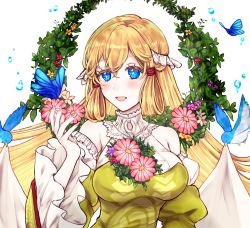 Rule 34 | 1girl, :d, bare shoulders, bird, blonde hair, blue bird, blue eyes, blush, breasts, bug, butterfly, detached sleeves, dress, fire emblem, fire emblem heroes, flower, green dress, hair ornament, highres, insect, large breasts, long hair, long sleeves, misato hao, nail polish, nintendo, open mouth, pink nails, puffy sleeves, simple background, skirt hold, smile, solo, turtleneck, upper body, water, water drop, white background, wide sleeves, ymir (fire emblem heroes)