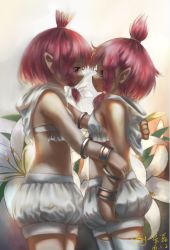 Rule 34 | 10s, 2girls, arm around shoulder, bracelet, eye contact, final fantasy, final fantasy xiv, flower, hood, hoshi yoshimi, jewelry, lalafell, looking at another, midriff, multiple girls, pink hair, pointy ears, thighhighs, topknot, yuri
