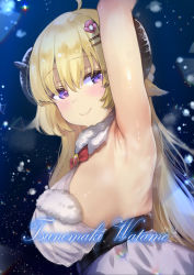 Rule 34 | 1girl, ahoge, animal ears, arm up, armpit focus, armpits, blonde hair, blush, breasts, character name, dutch angle, from side, hair ornament, hairclip, highres, hololive, horns, large breasts, long hair, looking at viewer, panbai, purple eyes, sideboob, snowing, solo, tsunomaki watame, tsunomaki watame (1st costume), underbust, virtual youtuber