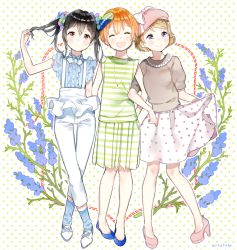 Rule 34 | 10s, 3girls, ^ ^, anco (melon85), black hair, bow, brown hair, closed eyes, commentary request, earrings, flats, flower, full body, girl sandwich, hair bow, hat, holding, holding hair, hoshizora rin, jewelry, koizumi hanayo, locked arms, love live!, love live! school idol project, md5 mismatch, multiple girls, necklace, no socks, orange hair, overalls, pants, polka dot, polka dot background, red eyes, resolution mismatch, sandwiched, shoes, short hair, skirt, socks, source smaller, striped legwear, toe cleavage, twintails, vertical-striped legwear, white pants, yazawa nico
