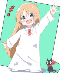 Rule 34 | +++, 1girl, :d, animal, black cat, blue eyes, blush stickers, brown hair, cat, collared shirt, commentary request, green background, hair between eyes, highres, kapuru 0410, long hair, long sleeves, necktie, nichijou, open mouth, outstretched arms, parted bangs, professor shinonome, red necktie, robe, sakamoto (nichijou), shadow, shirt, smile, very long hair, white background, white robe, white shirt