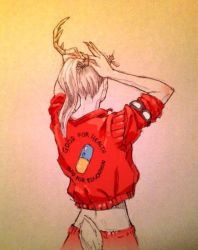 Rule 34 | 1980s (style), 1girl, akira (manga), arms up, artist request, back, blonde hair, cosplay, female focus, fingernails, from side, jacket, kaneda shoutarou (akira), kaneda shoutarou (cosplay), long fingernails, long hair, oldschool, original, pants, ponytail, red jacket, retro artstyle, solo, source request