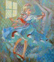 Rule 34 | 1girl, absurdres, acrylic paint (medium), alice margatroid, ama-tou, blonde hair, blue eyes, capelet, doll, female focus, hairband, highres, hourai doll, no socks, oil painting (medium), outstretched arms, painting (medium), ribbon, short hair, solo, spread arms, touhou, traditional media, wrist ribbon