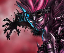 Rule 34 | 1boy, eustass kid, fangs, fighting stance, frown, fur jacket, gears, glowing, glowing eyes, goggles, goggles on head, gun, jacket, jacket on shoulders, junshi (junbox), looking at viewer, male focus, one piece, red hair, solo, sword, teeth, washer, weapon