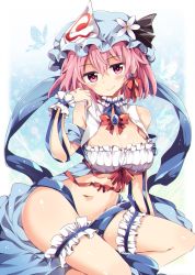 Rule 34 | 1girl, black ribbon, blue ribbon, blush, bottomless, breasts, brooch, bug, butterfly, cleavage, closed mouth, collar, flower, frills, hair between eyes, half-closed eyes, hat, hat flower, hat ribbon, head tilt, highres, bug, jewelry, large breasts, bridal garter, looking at viewer, maturiuta sorato, mob cap, pink eyes, pink hair, red ribbon, ribbon, saigyouji yuyuko, shawl, sitting, smile, solo, touhou, triangular headpiece, white flower, wrist cuffs