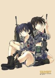 Rule 34 | 2girls, black hair, camouflage, gun, looking at viewer, lowres, multiple girls, sitting, soldier, tagme, taiwan (nationality), weapon