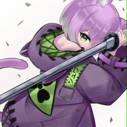 Rule 34 | 1girl, animal ears, animal hood, cat ears, cat girl, cat hood, cat tail, chromatic aberration, commission, gradient hair, green eyes, green hair, highres, holding, holding sword, holding weapon, hood, hood down, hooded jacket, indie virtual youtuber, jacket, katana, long sleeves, looking at viewer, multicolored hair, purple hair, purple jacket, radiation symbol, sasanoha (sasanoha0712), second-party source, short hair, shwaa, skeb commission, sword, tail, v-shaped eyebrows, virtual youtuber, weapon, wide sleeves