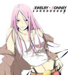 Rule 34 | 1girl, belt, character name, female focus, jacket, jewelry bonney, long hair, midriff, navel, one piece, orange eyes, piercing, pink hair, shirt, shorts, simple background, solo, striped clothes, striped shorts, sungi, suspenders, text focus, white background, white shirt