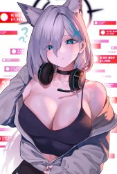 Rule 34 | 1girl, absurdres, animal ear fluff, animal ears, areola slip, black choker, blue archive, blue eyes, breasts, broken halo, choker, cleavage, collarbone, cross hair ornament, extra ears, grey hair, hair between eyes, hair ornament, halo, headphones, headphones around neck, highres, jacket, kazane-wind, large breasts, long hair, looking at viewer, mismatched pupils, pants, partially unzipped, shiroko (blue archive), shiroko terror (blue archive), simple background, single bare shoulder, solo, sweat, tank top, wolf ears