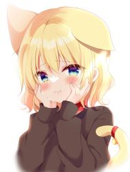 Rule 34 | 1girl, :i, animal collar, animal ears, bell, black sweater, blonde hair, blue eyes, blush, cat ears, cat girl, cat tail, collar, extra ears, hands on own cheeks, hands on own face, highres, jingle bell, kiyo (yamazoe1122), long sleeves, looking at viewer, original, red collar, short hair, simple background, sweater, tail, tail bell, tail ornament, white background