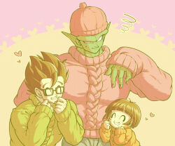 Rule 34 | 1girl, 2boys, ^ ^, beanie, black hair, black nails, blunt bangs, blunt ends, blush, child, closed eyes, colored skin, commentary request, dragon ball, dragon ball super, father and daughter, fingernails, glasses, green skin, green sweater, grin, hair between eyes, hand up, hands up, hat, heart, koukyouji, long sleeves, multiple boys, namekian, orange sweater, pan (dragon ball), parted lips, piccolo, pink headwear, pink sweater, purple background, rectangular eyewear, short hair, sidelocks, simple background, sleeves past wrists, smile, son gohan, spiked hair, squiggle, sweatdrop, sweater, teeth, two-tone background, v-shaped eyebrows, yellow background