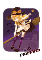 Rule 34 | 1girl, apron, bad apple!!, bad id, bad pixiv id, bat (animal), blonde hair, braid, broom, broom riding, cross, dress, english text, fang, female focus, hair ribbon, halloween, hat, highres, jack-o&#039;-lantern, kirisame marisa, long hair, open mouth, primrose, pumpkin, ribbon, shoes, skull, solo, striped clothes, striped thighhighs, thighhighs, touhou, witch, witch hat, yellow eyes