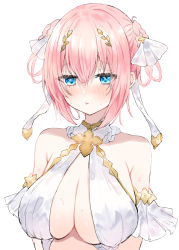 Rule 34 | 1girl, absurdres, arm cuffs, blue eyes, blush, braid, braided hair rings, breasts, cleavage, commentary, commentary request, embarrassed, eyelashes, hair between eyes, hair ornament, hair rings, halterneck, highres, large breasts, leaf hair ornament, looking down, open mouth, partial commentary, pink hair, princess connect!, short hair, side braids, simple background, sleeveless, solo, sweat, sweatdrop, tareme, upper body, white background, yui (ceremonial) (princess connect!), yui (princess connect!), yupi (yuyupiko01)